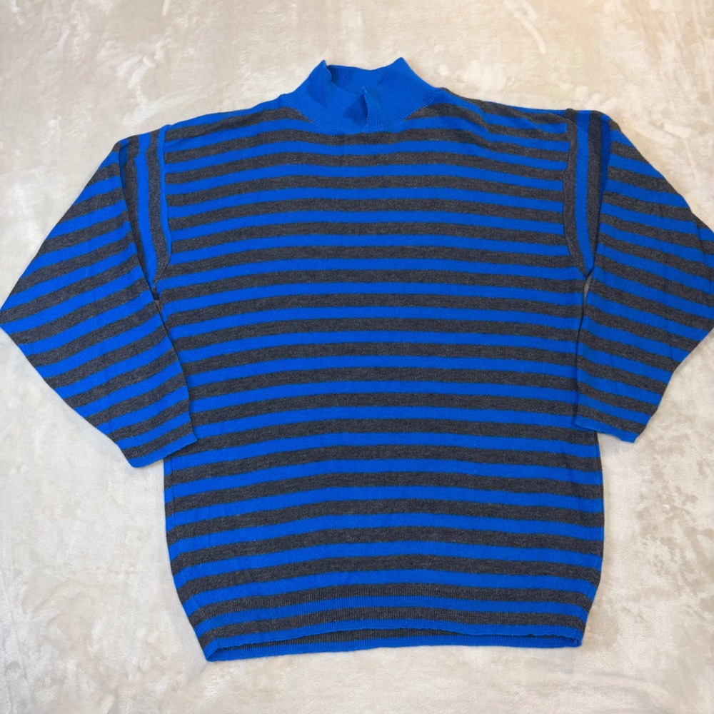 Vintage Knitmakers USA Striped Mock Neck Sweater Blue Grey Acrylic Mens Medium